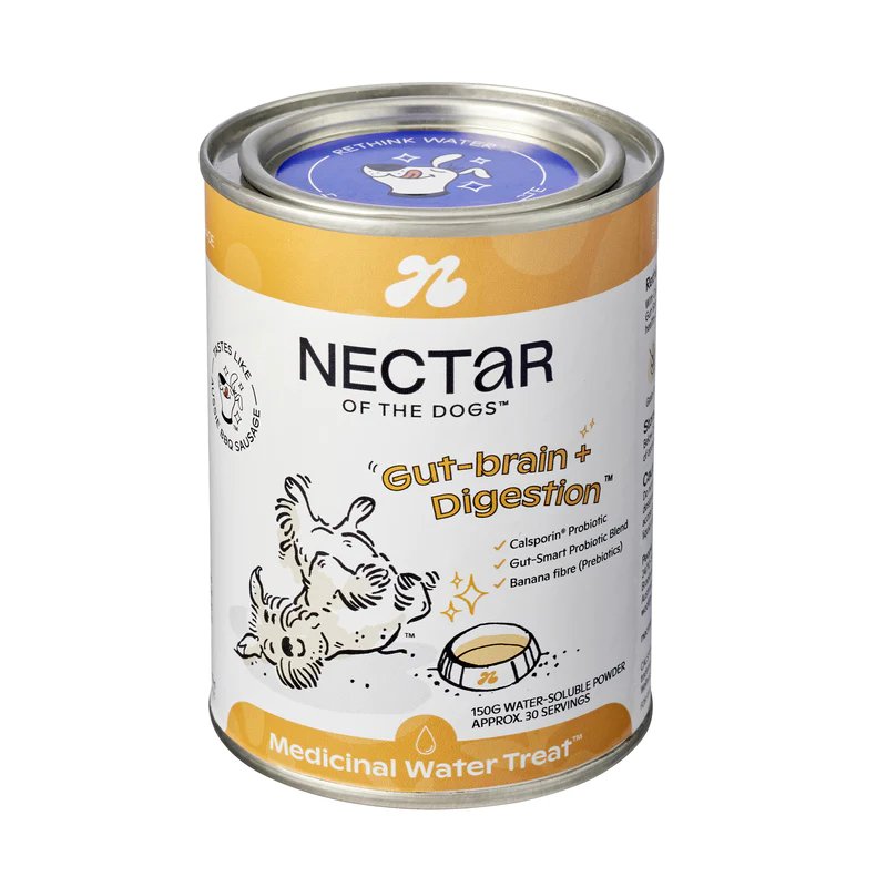 Nectar of the Dogs Gut-Brain + Digestion Supplement in 150g container with Aussie BBQ Sausage flavor.