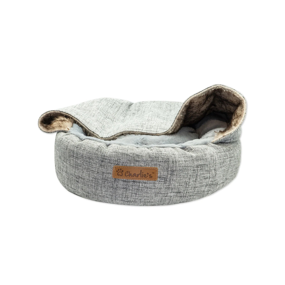 Charlie's Snookie Hooded Pet Bed in Light Grey with a cozy hooded design.