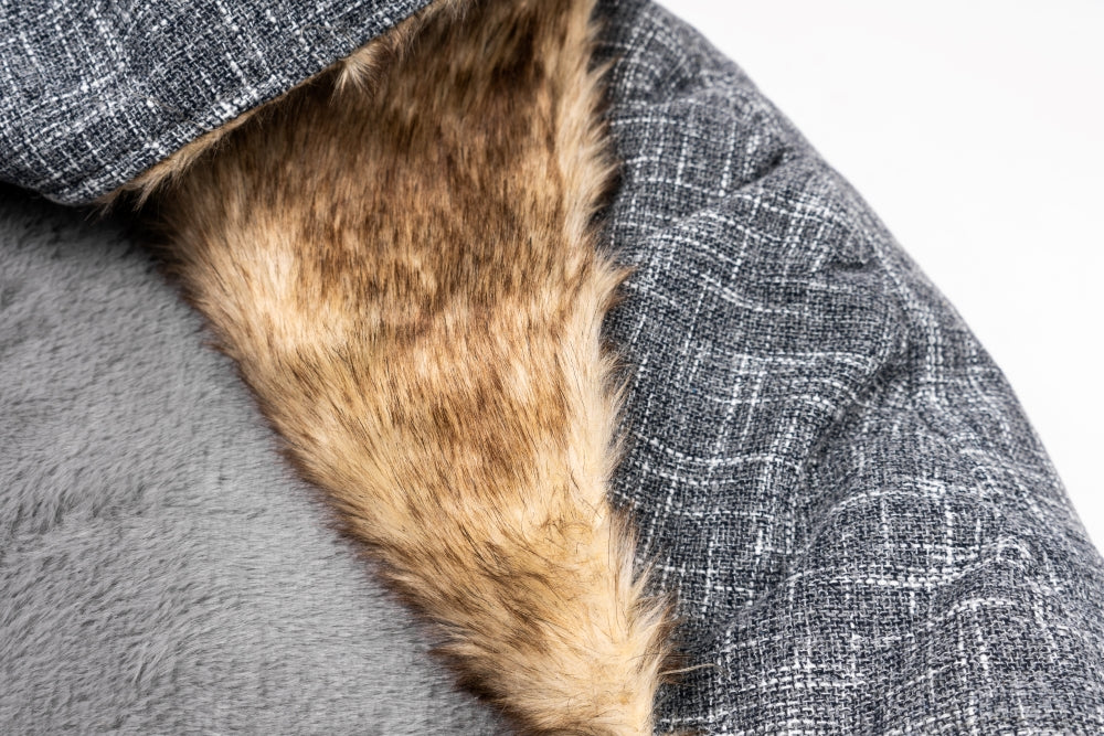 Close-Up of Charlie's Snookie Hooded Pet Bed - Dark Grey Faux Wolf Fur & Linen Material