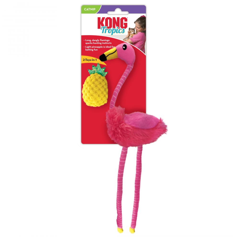  A set of two vibrant cat toys including a flamingo with long legs and a pineapple.