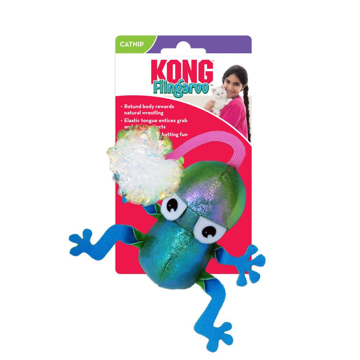 A green frog-shaped cat toy with a crackle ball and elastic tongue.