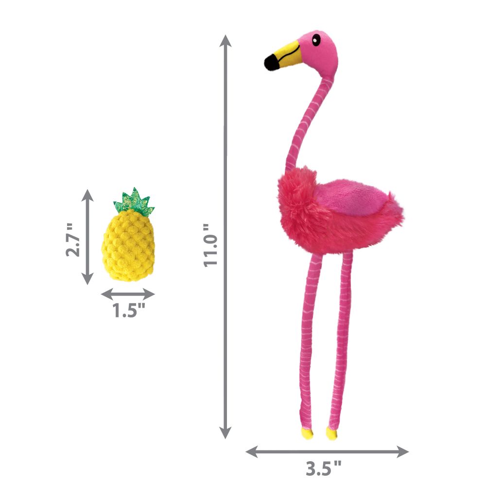 A size guide image displaying the dimensions of the KONG Cat Tropics Flamingo toy set, including the flamingo and pineapple toys.