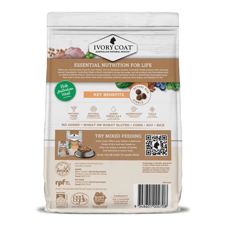 Ingredients and nutritional information on the back of the Ivory Coat Kitten Kibble package