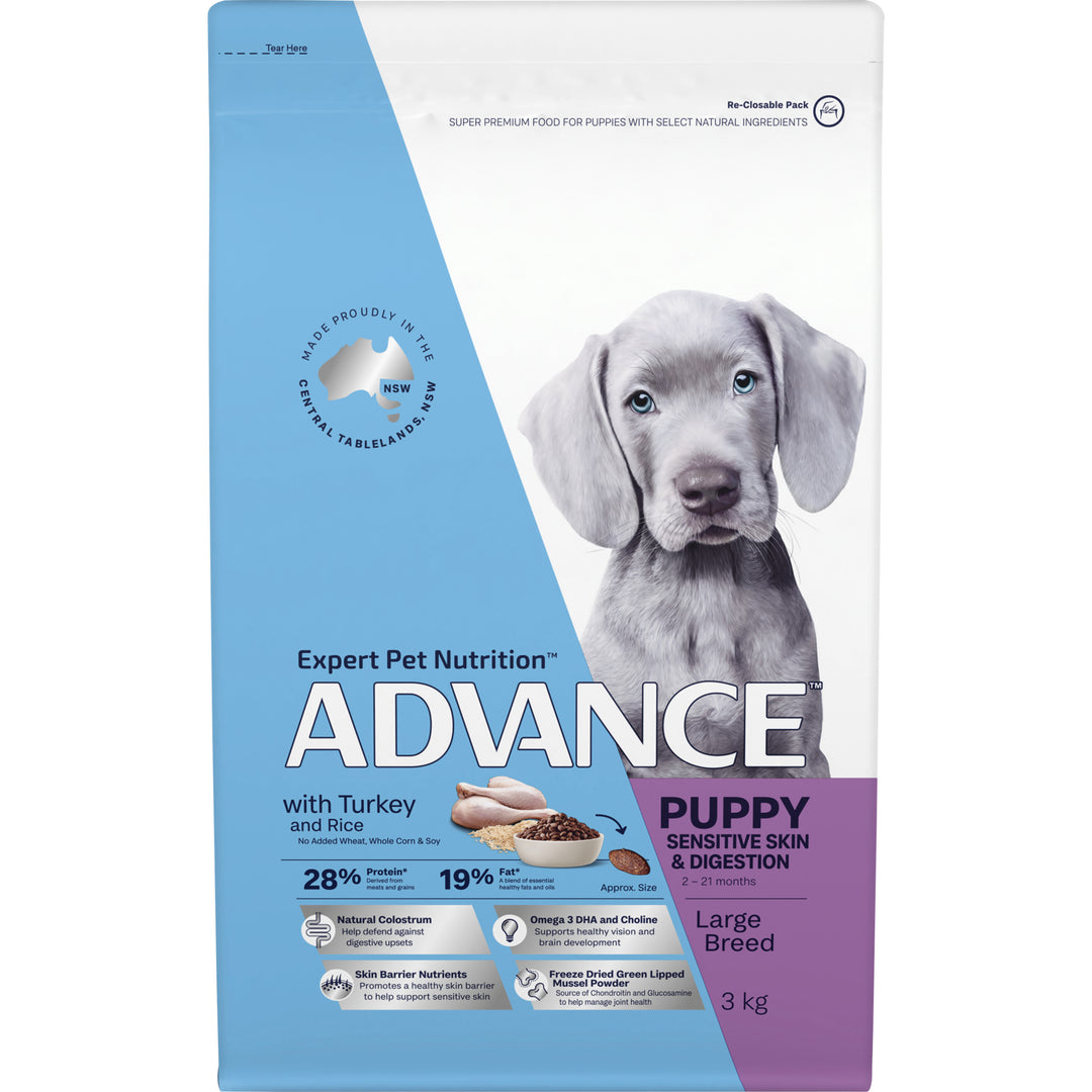 Advance Puppy – Sensitive Skin & Digestion – Large Breed Turkey formula bag, showcasing its benefits for large breed pups.