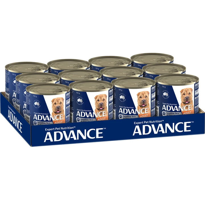 Front view of the 12-pack Advance Wet Food tins, displaying the clear labeling of sensitive skin and digestion support for adult dogs.