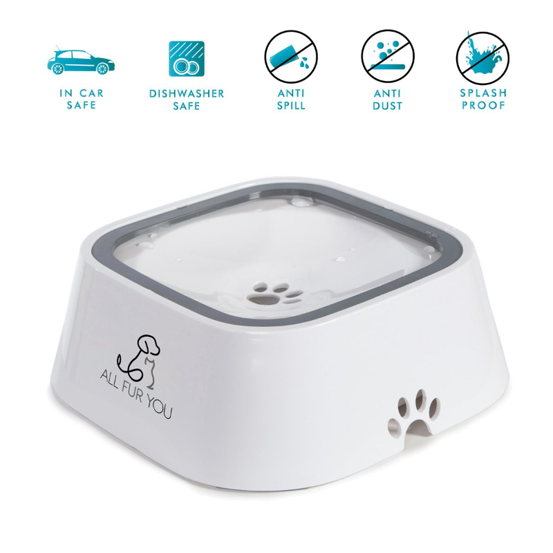 A stylish white pet water bowl, designed to prevent splashes and spills, keeping messes at bay.