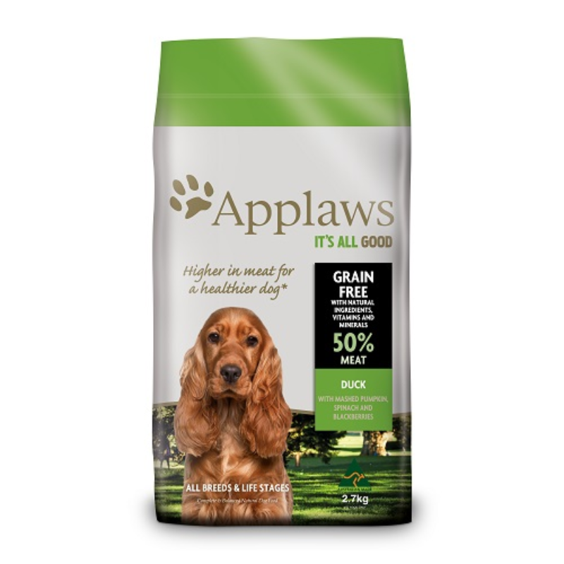 Applaws Dry Dog Food Duck 2.7kg packaging featuring premium Australian meat as the main ingredient, grain-free formula for dogs.