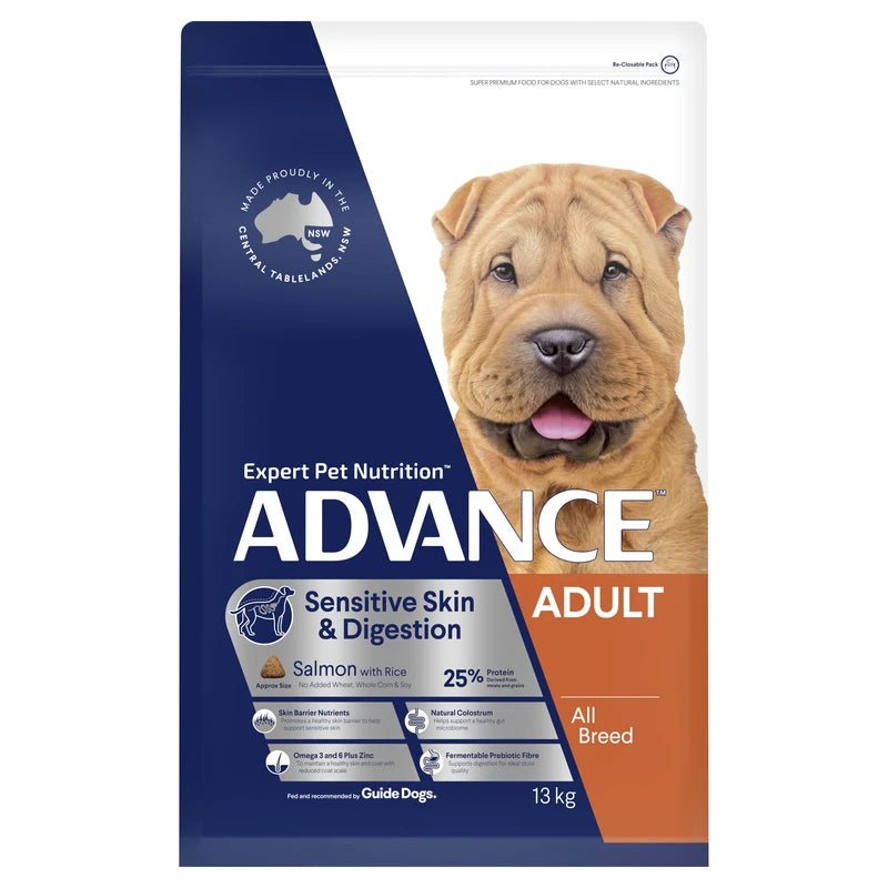  Front view of the Advance Adult Dog All Breed Sensitive Skin & Digestion 13kg bag, featuring vibrant packaging.