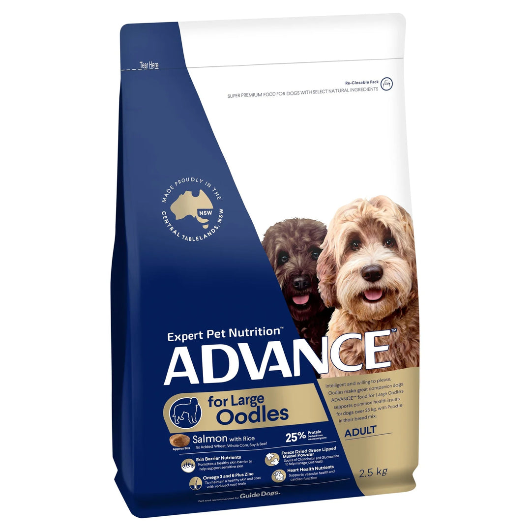 The Advance Adult Dog Large Oodles packaging with visible branding and health benefits.