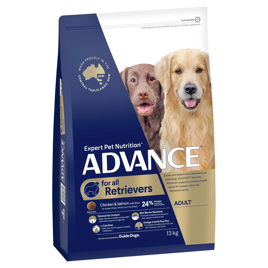 Front View of Product Packaging: A front-facing shot of Advance Adult Dog – Retrievers packaging, showcasing its Australian-made promise and key health benefits.