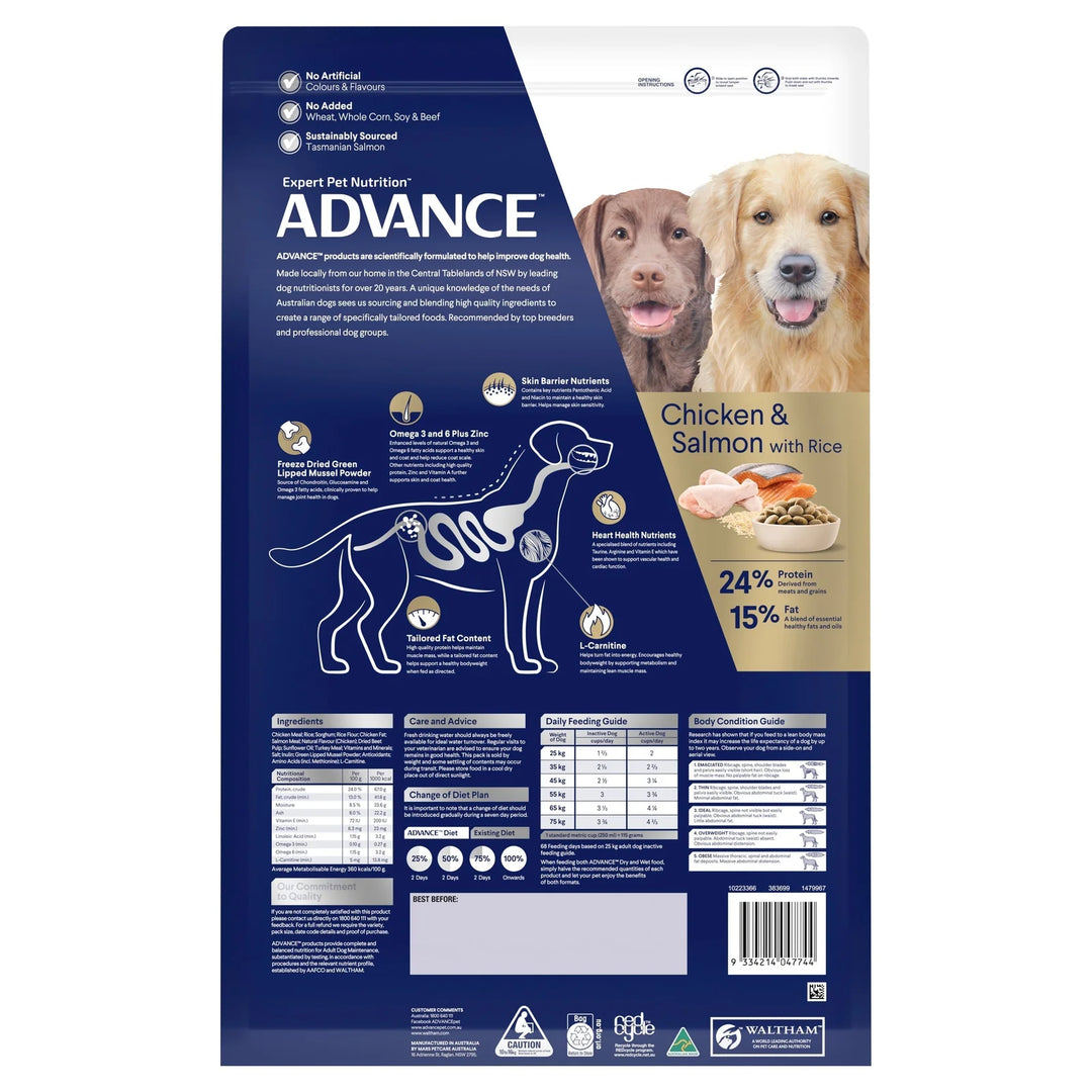 Back View of Product Packaging: A front-facing shot of Advance Adult Dog – Retrievers packaging, showcasing its Australian-made promise and key health benefits.