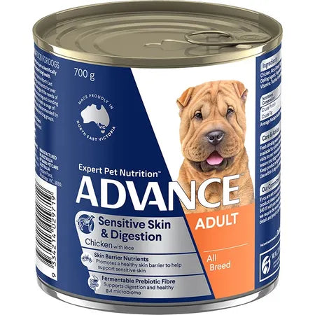 Front view of the a single Advance Wet Food tin, displaying the clear labeling of sensitive skin and digestion support for adult dogs.