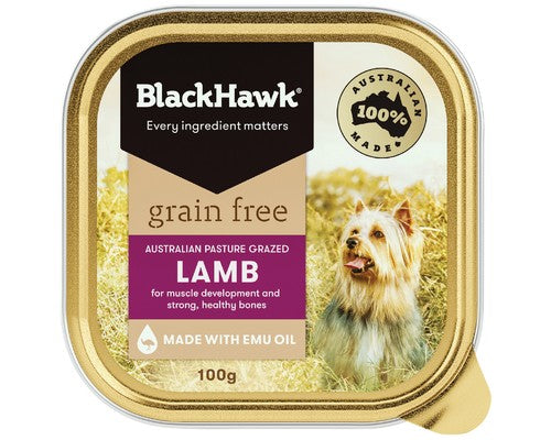 Happy Dog on a tin of Black Hawk Grain Free Lamb Dog Food