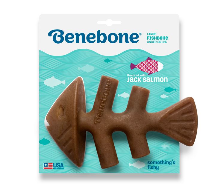 Dog Chewing on Benebone Jack Salmon Fishbone - Front of Packaging