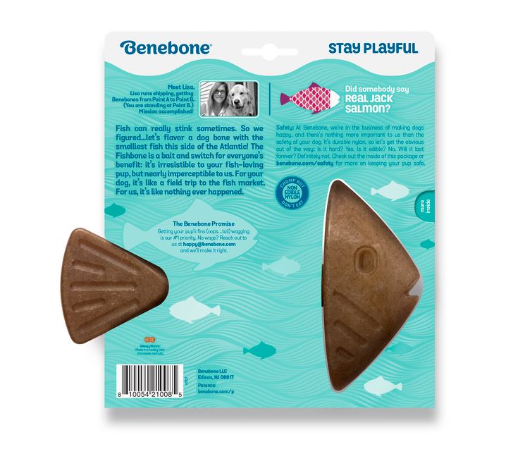 Dog Chewing on Benebone Jack Salmon Fishbone - Back of packaging