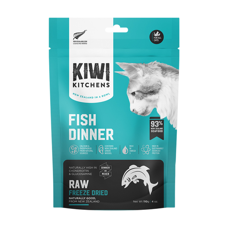 Kiwi Kitchens Freeze Dried Fish Cat Dinner - Premium raw, freeze-dried cat food made with New Zealand seafood and superfoods for a balanced diet.