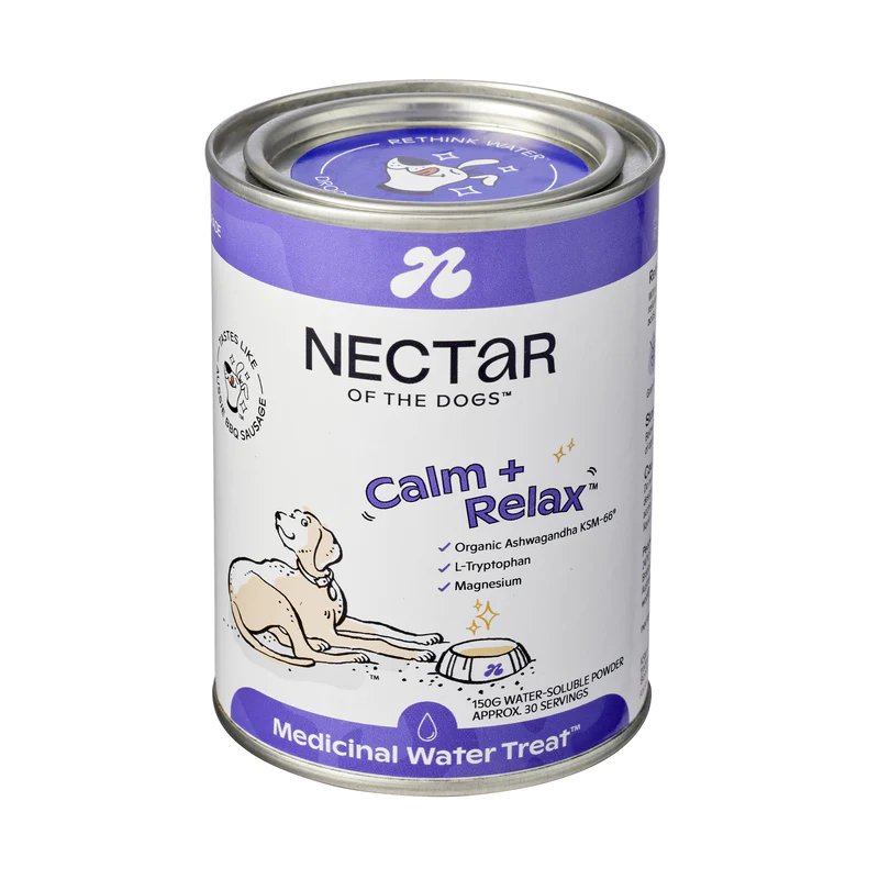 Close-up of Nectar of the Dogs Calm + Relax Powder - 150g container.