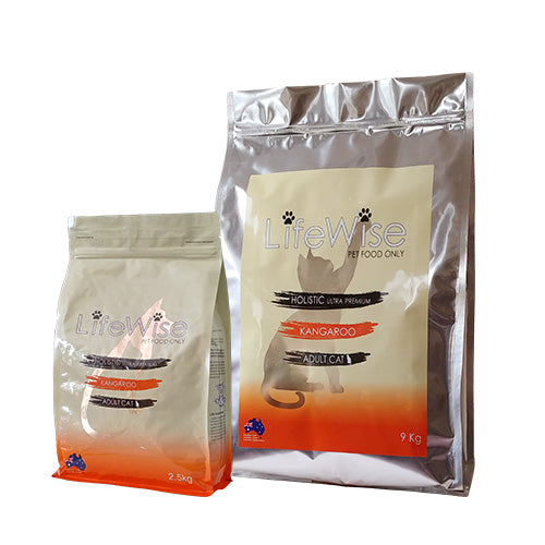 LifeWise Adult Cat Food packaging featuring Kangaroo, Lamb, and Vegetables.