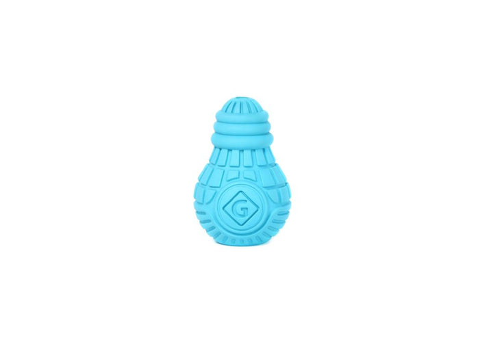 Small, blue GiGwi Treat Dispensing Bulb outside of packaging on a white background, featuring its unique bulb shape and textured grooves.