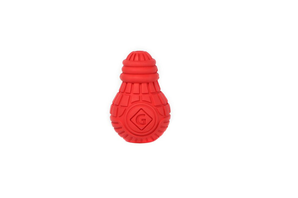 Medium, red GiGwi Treat Dispensing Bulb outside of packaging on a white background, showing its unique bulb shape and textured grooves.