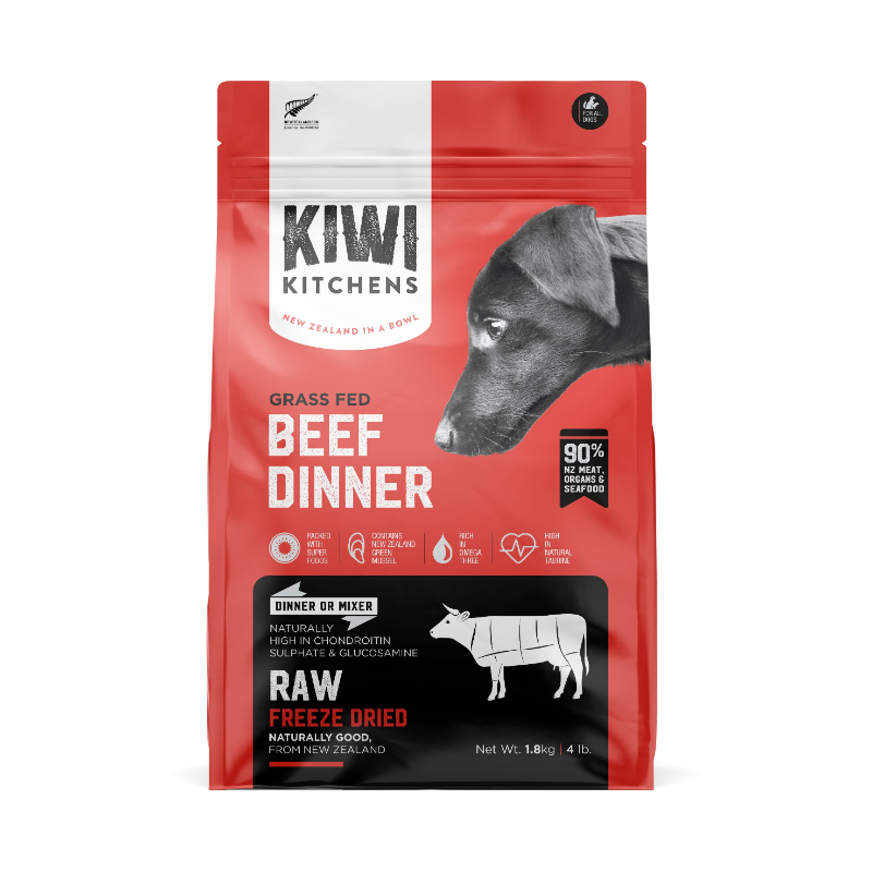 Kiwi Kitchens Freeze Dried Beef Dinner - Premium grass-fed beef dog food with New Zealand ingredients in freeze-dried form.