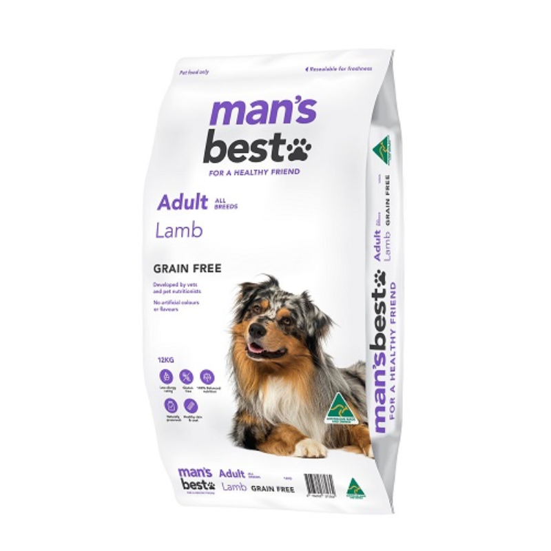 A 12kg bag of Man's Best Adult Lamb Grain-Free Dry Dog Food, featuring a happy dog on the label, surrounded by images of lamb, sweet potato, blueberries, and other natural ingredients.