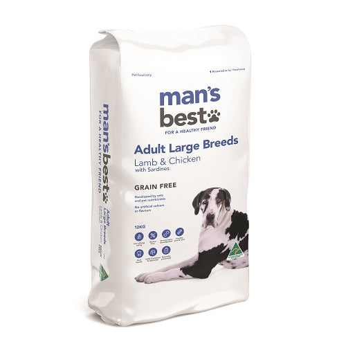 A bag of Man's Best Lamb And Chicken With Sardines Grain-Free Large Breed Adult Dry Dog Food, featuring an illustration of a happy large breed dog beside a bowl of nutritious ingredients.