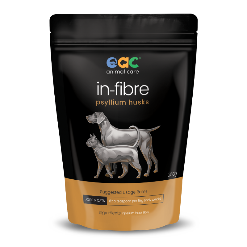 Front view of EAC In-Fibre Psyllium Husk 250g packaging, highlighting its multi-pet use for horses, dogs, and cats' digestive support.