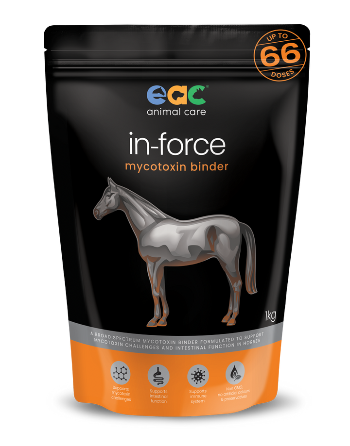 A clear view of EAC In-Force in its 1kg packaging, emphasizing the larger option for long-term equine health maintenance.