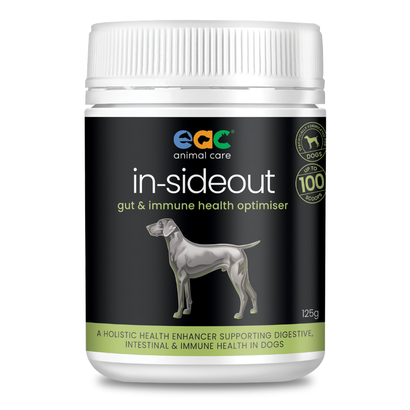 EAC In-SideOut Dog 125g packaging, perfect for regular use, featuring holistic prebiotic and probiotic support for dogs' digestion and overall health.