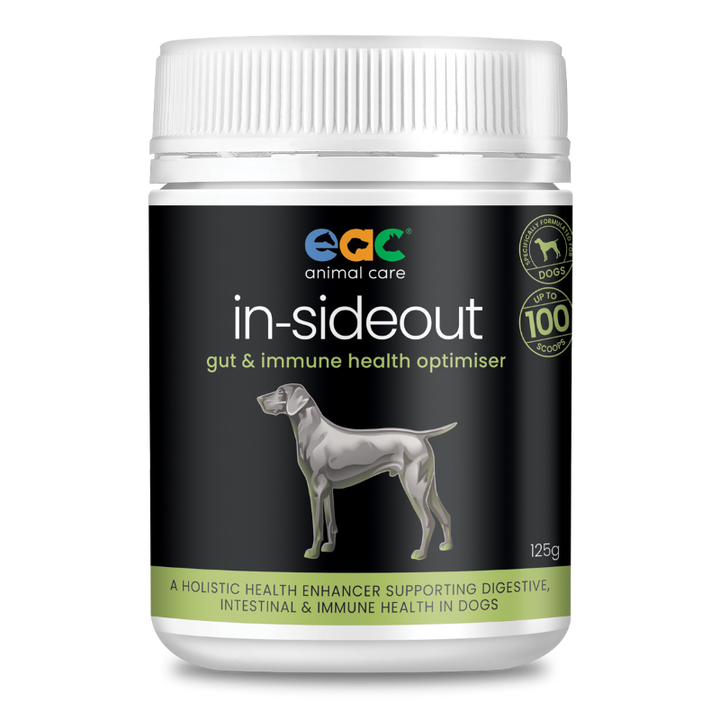 EAC In-SideOut Dog 125g packaging, perfect for regular use, featuring holistic prebiotic and probiotic support for dogs' digestion and overall health.