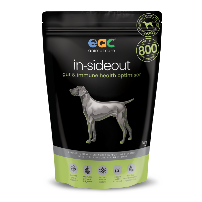 EAC In-SideOut Dog 1kg packaging, the bulk option for multi-dog households, providing prebiotic and probiotic support for canine digestive health and vitality.