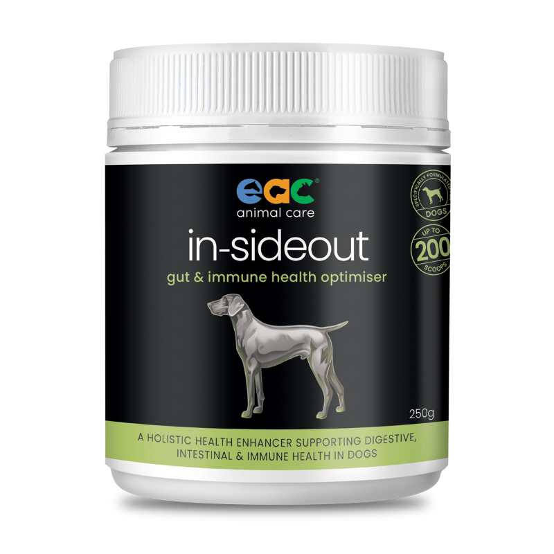 EAC In-SideOut Dog 250g packaging, offering a convenient size for larger dogs or longer-term use, promoting healthy digestion and immune balance.