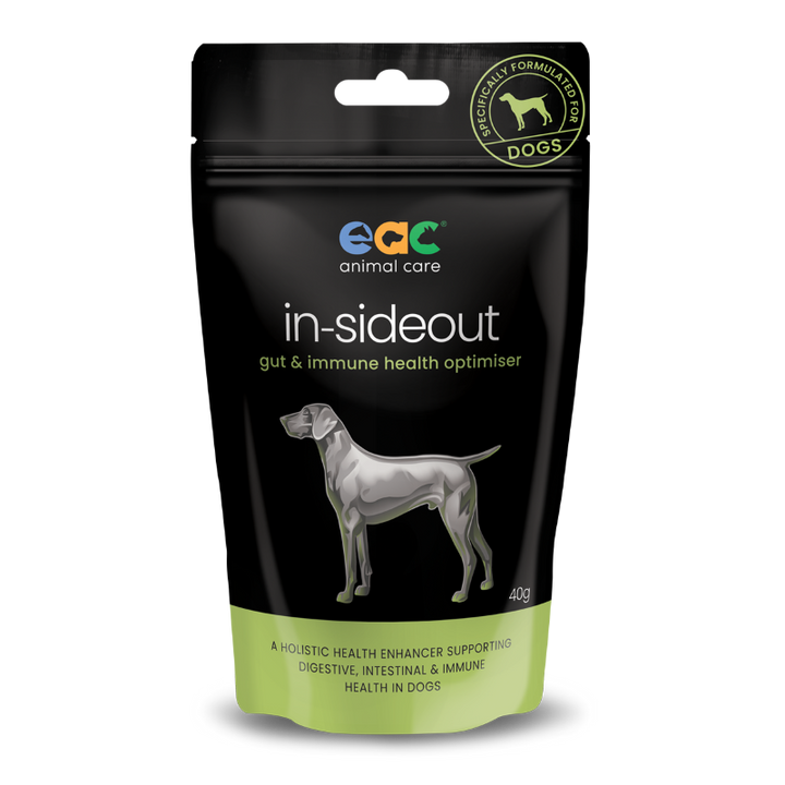 Close-up of EAC In-SideOut Dog 40g packaging, ideal for trial or small breed dogs, showcasing its natural digestive and immune support formula.