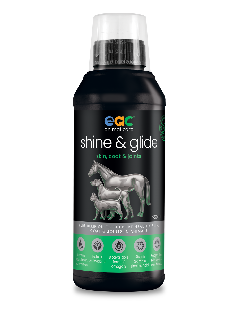 EAC Shine & Glide Pure Hemp Oil bottle 250ml - natural omega supplement for pets and horses.