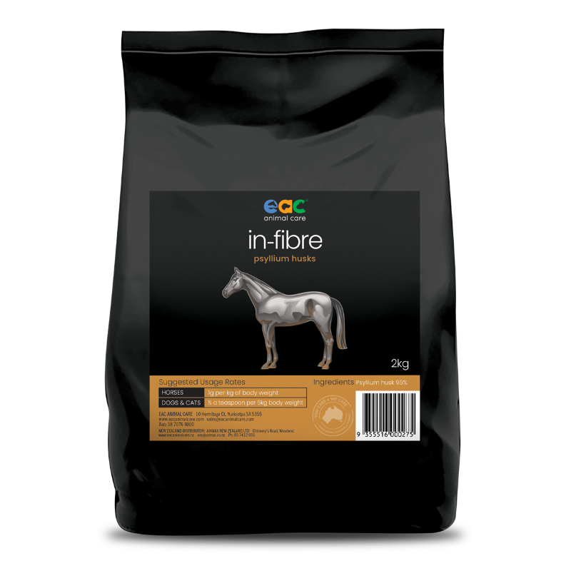 Front view of EAC In-Fibre Psyllium Husk 2kg packaging, highlighting its multi-pet use for horses, dogs, and cats' digestive support.