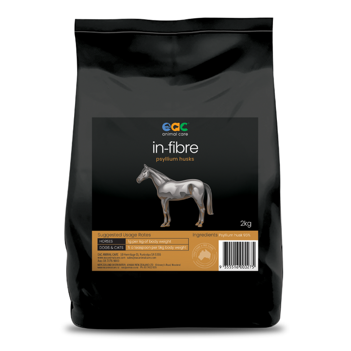 Front view of EAC In-Fibre Psyllium Husk 2kg packaging, highlighting its multi-pet use for horses, dogs, and cats' digestive support.