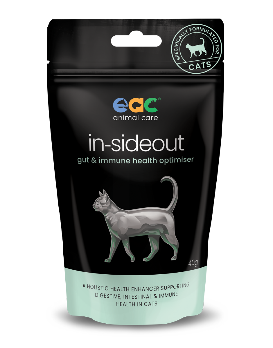  EAC In-SideOut Cat prebiotic and probiotic supplement for optimal feline digestive and immune health.