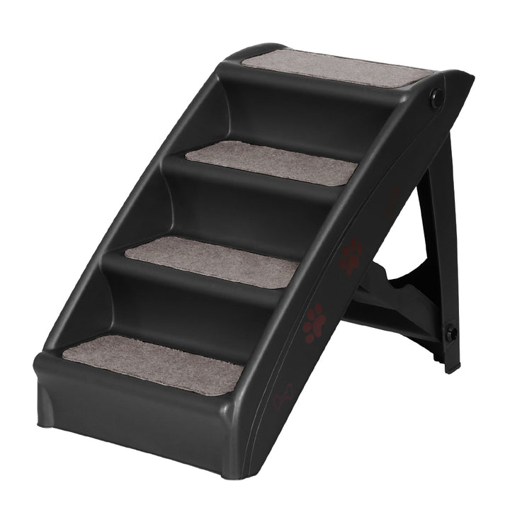 Black i.Pet Dog Ramp Steps with a foldable design, slip-resistant surface, non-slip rubber feet, and safety buckle. Ideal for small and large breeds.