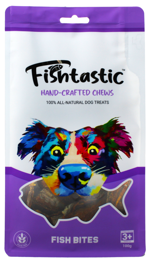  A 100g bag of FISHTASTIC Fish Bites showcasing the front label with the product name and key features.