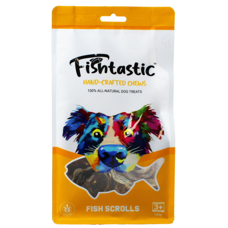 Fishtastic Fish Scrolls - 100g packaging showing handcrafted all-natural fish chews for pets