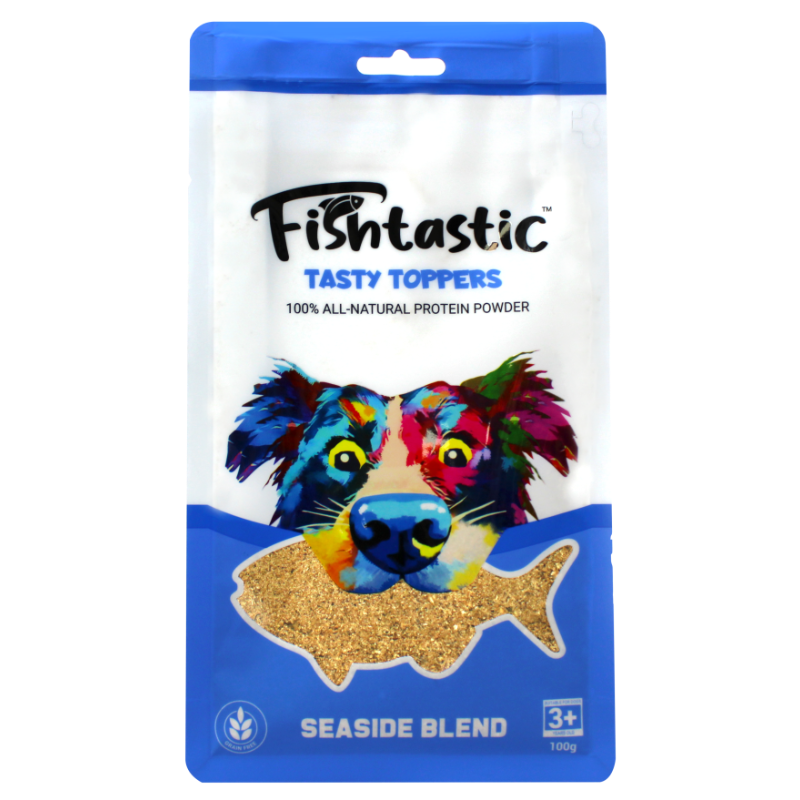  Close-up of Fishtastic Seaside Blend Tasty Topper 100g packaging, highlighting natural ingredients.