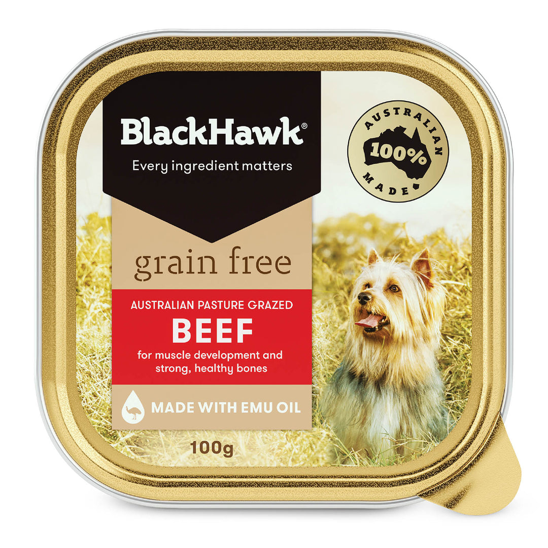 Happy Dog on a tin of Black Hawk Grain Free Beef Dog Food