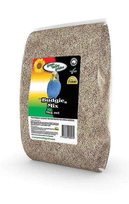 Packaging of Green Valley Budgie Mix 5kg: A full-view image of the Green Valley Budgie Mix 5kg bag, featuring vibrant branding and ProN8ure® probiotic benefits.