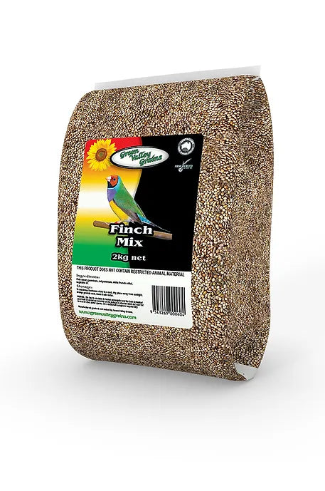 Front View of the Product Packaging: Clear front view of the Green Valley Finch Mix 2kg bag with its natural ingredient list and bright design.