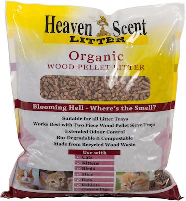 Heaven Scent Cat Litter packaging showcasing organic, eucalyptus-scented litter.