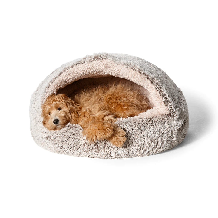 Snooza Calming Hoodie Cuddler in Mink with a burrowing dog