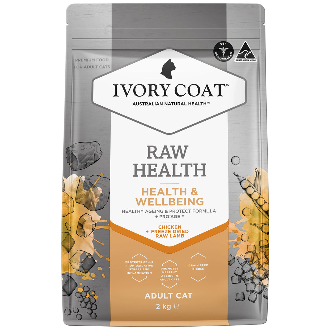 Ivory Coat Raw Health Cat Food 2kg bag with Pro'Age™ blend for vitality and healthy aging in cats.