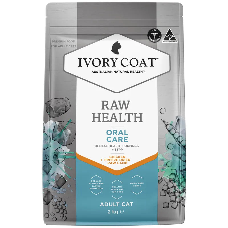 Close-up of unique Ivory Coat Raw Health Cat Oral Care kibble, designed to help reduce plaque and support dental health in cats.