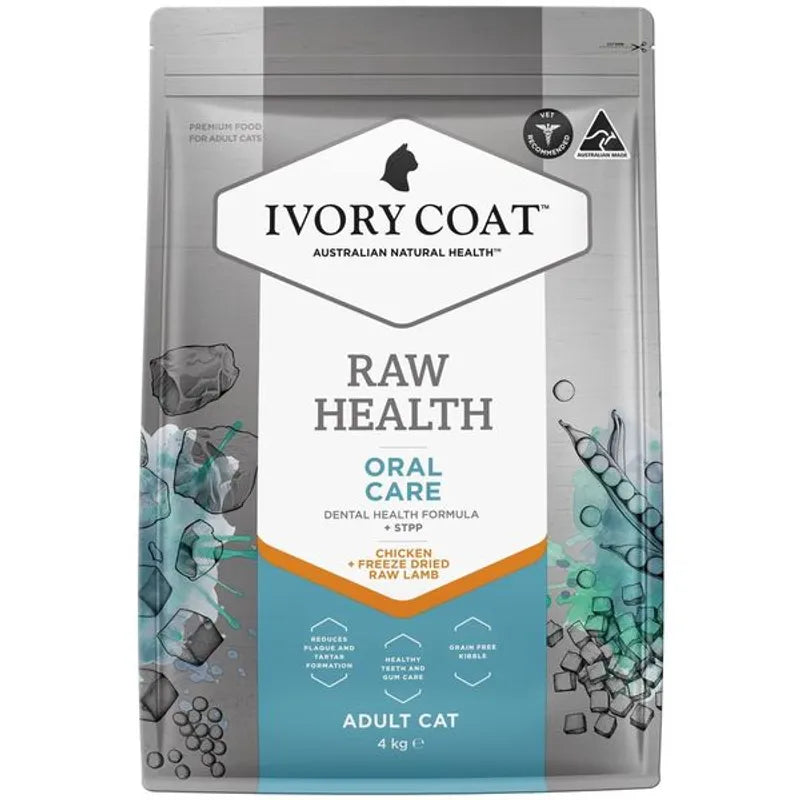 Close-up of Ivory Coat Raw Health Cat Oral Care 4kg kibble, specially designed to aid in reducing plaque and tartar for improved dental health.